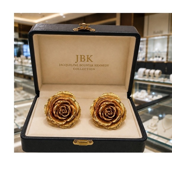 Camrose & Kross Jewelry - JBK Jacqueline Kennedy Gold Tone Rose Flower Clip On Earrings Signed Vintage